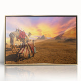 Mid-century modernist art depicting the Egyptian landscape in gold tones, framed acrylic, ideal for nursery wall art.