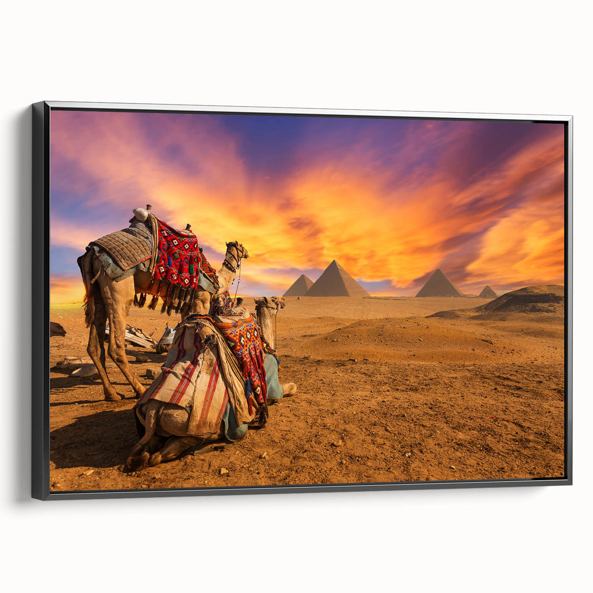 Framed canvas depicting a black and white vintage poster art of an Egyptian landscape, ideal for bedroom wall decor.