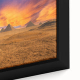 Black wall art featuring a textured depiction of the Egyptian landscape on a framed canvas, with vibrant, colorful accents.