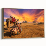Framed canvas landscape art painting depicting the pyramids of Egypt in colorful hues, ideal for a study or office decor.