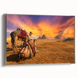 Vintage poster art of an Egyptian landscape on a framed canvas, featuring vibrant colors, ideal for living room decor.