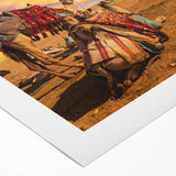 Art deco poster of an Egyptian landscape on rolled canvas, featuring muted earth tones, ideal for dining room wall art.