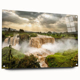 Large abstract depiction of Ethiopian scenery on acrylic glass, featuring earthy tones, ideal for dining room art.