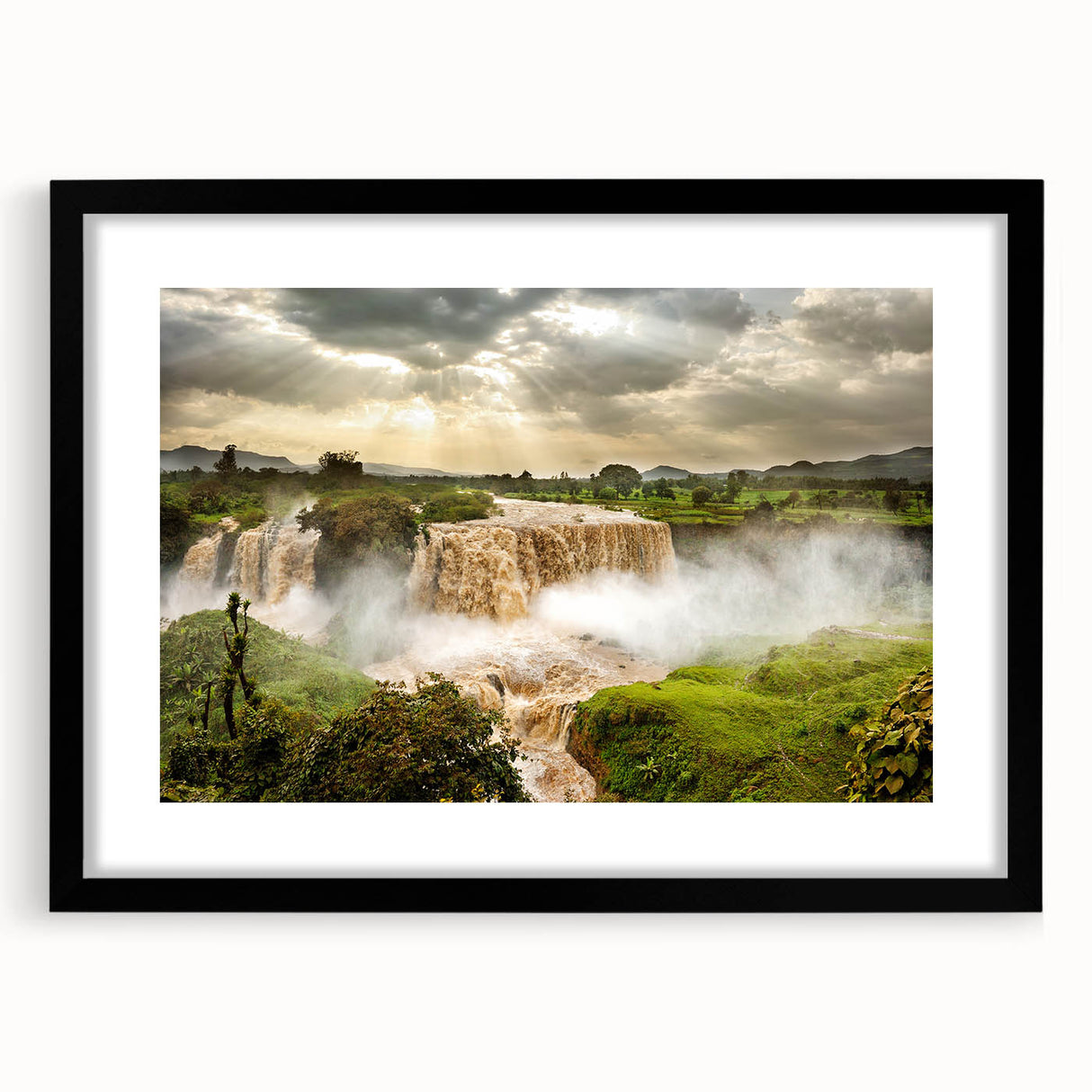 Extra large, textured abstract art print of colorful Ethiopian scenery on a black framed canvas, ideal for living room decor.
