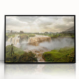 Large abstract wall art depicting Ethiopian scenery in muted earth tones on a black-framed acrylic panel.