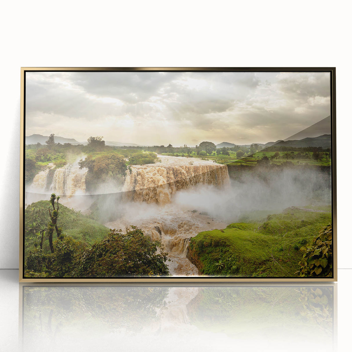 Mid-century modernist acrylic print of an Ethiopian landscape in gold and green tones, suitable for nursery wall art.