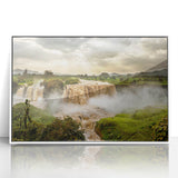 Acrylic print of an Ethiopian landscape, featuring subdued earth tones in a mid-century modernist style.