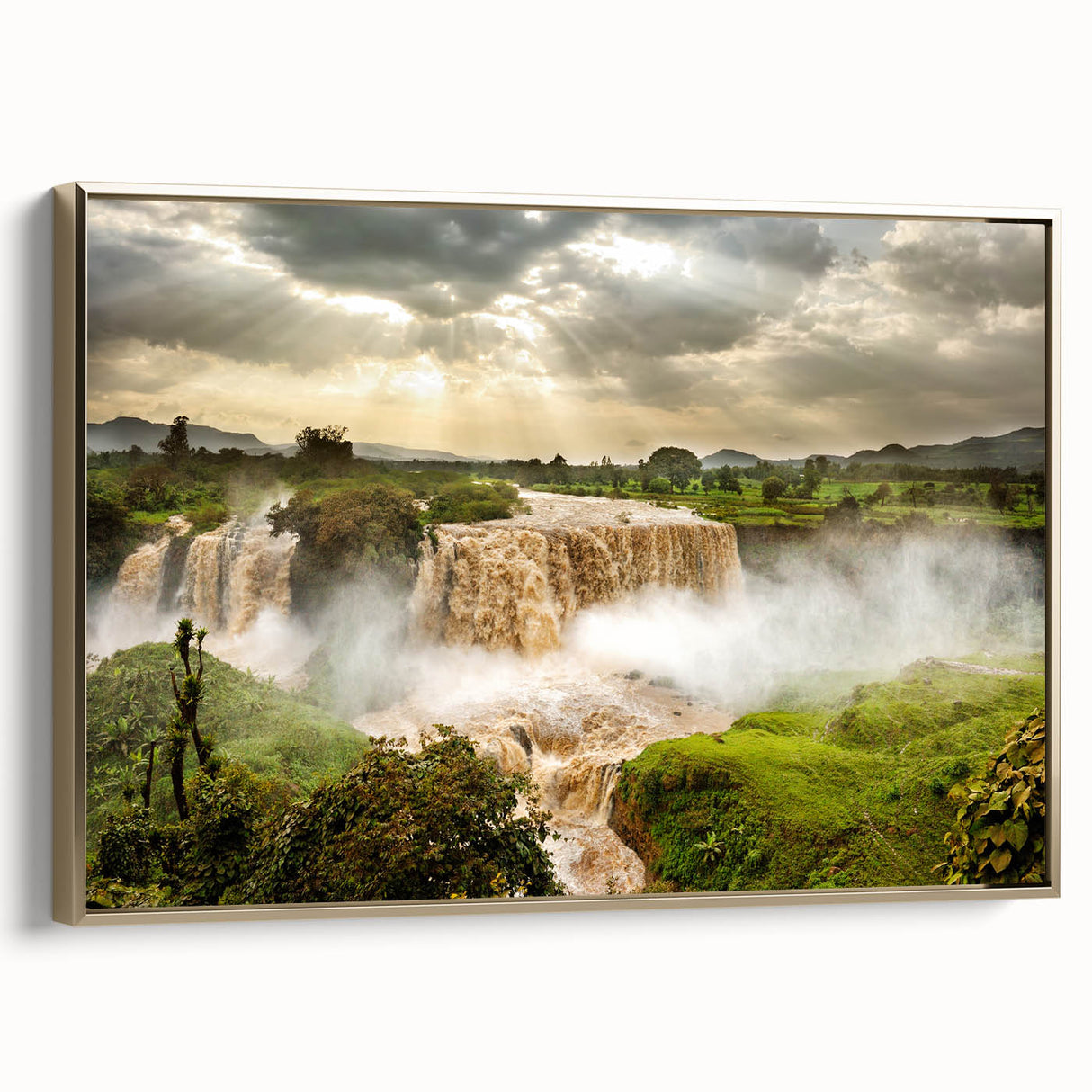 Framed canvas featuring a colorful Ethiopian landscape with golden accents, ideal for vibrant living room decor.