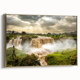Framed canvas featuring a colorful Ethiopian landscape with golden accents, ideal for vibrant living room decor.