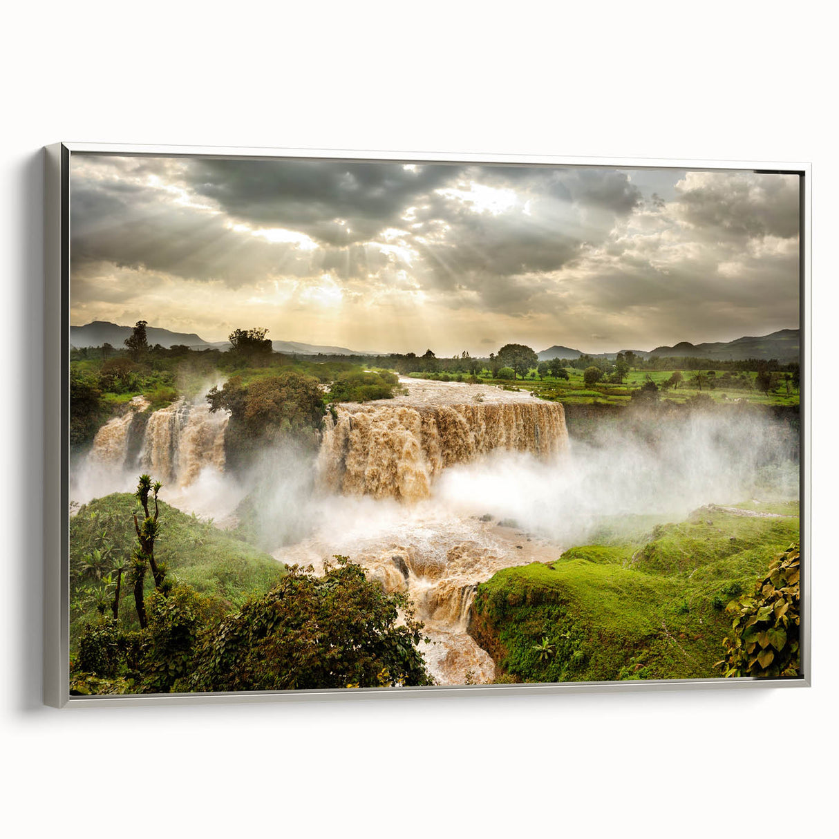 Vintage poster art of an Ethiopian landscape on framed canvas, featuring vibrant colors, ideal for living room decor.