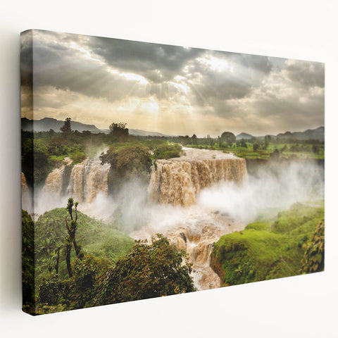 Ethiopian landscape on large stretched canvas, featuring muted earth tones, ideal for kitchen wall art.