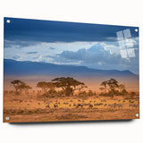 Acrylic print of a Kenyan landscape featuring earthy tones and large abstract elements, ideal for dining room decor.
