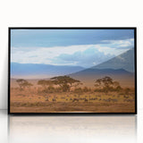 Large abstract wall art depicting a Kenyan scenery in muted earth tones on a framed acrylic panel.