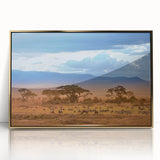 Mid-century modernist art depicting African savannah in gold and earth tones, framed acrylic, suitable for nursery wall art.