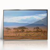 Framed acrylic print of a Kenyan landscape in art deco style, using muted earth tones, suitable for modern art wall decor.