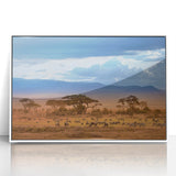 Large art print of an African savannah scene in muted earth tones, acrylic framed, ideal for modern art wall decor.