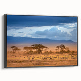 Black and white framed canvas of a Kenyan landscape, perfect for bedroom decor.