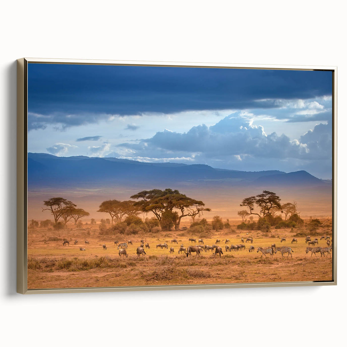 Framed canvas of a Kenyan landscape with vibrant colors and vintage poster style.