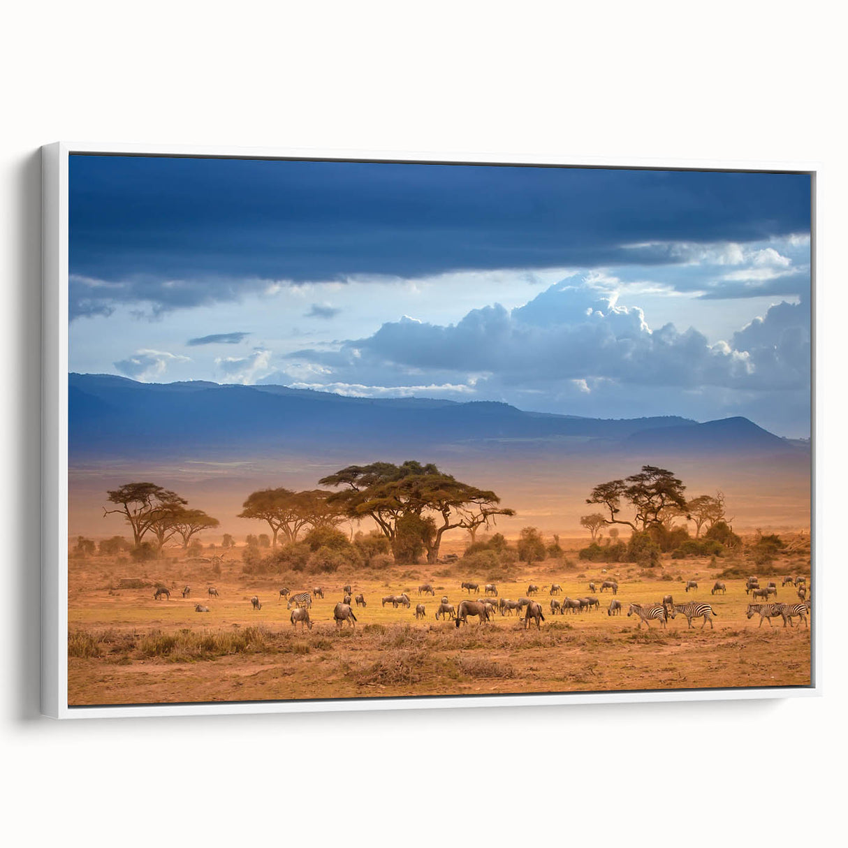 Framed canvas featuring a vintage-style Kenyan landscape in muted earth tones, ideal for bedroom wall art.