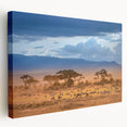 Large stretched canvas featuring a serene Kenyan landscape in earthy tones, ideal for kitchen wall art.