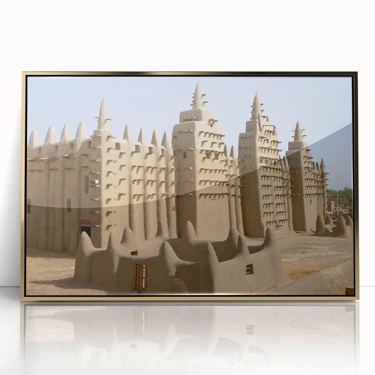 Mid-century modernist art depicting African scenery in Mali, with muted earth tones on framed acrylic.