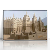 Large art print of a Mali scenery in mid-century modernist style, acrylic framed in white, suited for modern nursery decor.