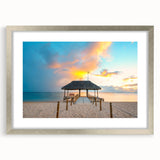 Abstract art print of a serene Mauritius landscape in muted blue and green tones on a framed canvas.