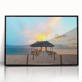 Large abstract wall art depicting a vibrant Mauritius scenery in mid-century modernist style, framed in black acrylic.