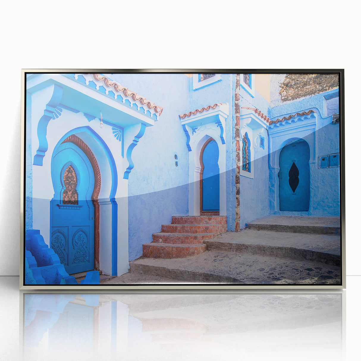 Art deco poster of a Moroccan landscape in muted earth tones on a framed acrylic, ideal for modern art wall decor.
