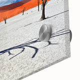 Large abstract wall art of Namibia scenery in mid-century modernist style on acrylic glass, suited for dining room ambiance.