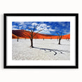 Abstract art print featuring textured, colorful depiction of Namibian scenery on a large framed canvas.