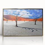 Mid-century modernist art depicting the Namibian desert landscape in muted earth tones on a framed acrylic print.