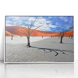Acrylic print of a Namibian landscape with muted earth tones in a mid-century modernist style.