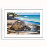 Textured abstract art print of a serene Seychelles landscape in soft blue and green hues, framed with a white mat.