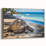 Framed canvas featuring a vintage-style landscape painting of the Seychelles with gold detailing, ideal for bedroom wall art.