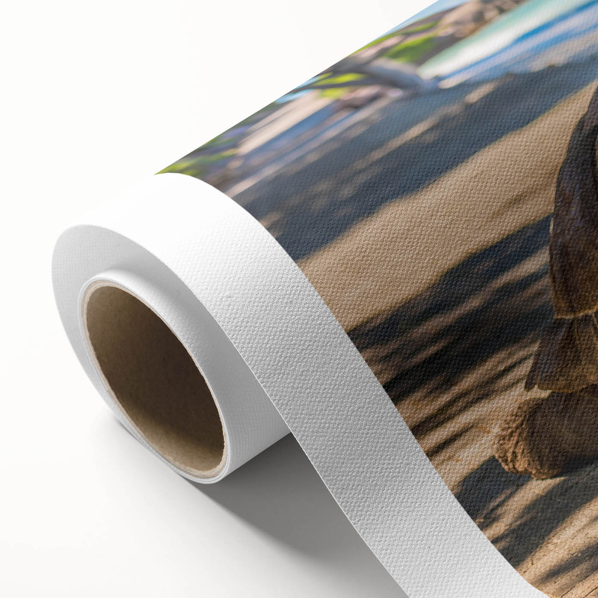 Art deco poster of Seychelles scenery on rolled canvas, featuring pastel shades, ideal for nursery wall art.