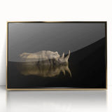 Large art print of a South African landscape in gold tones on acrylic, framed, with a mid-century modernist style.