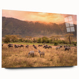 Large abstract wall art depicting a serene Tanzanian landscape in muted earth tones on acrylic glass.