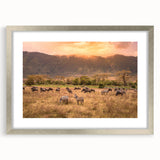 Extra large wall art depicting an abstract African savannah scene in textured earth tones, framed in silver.