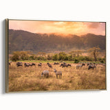 Framed canvas featuring a vintage-style landscape painting of Tanzania with gold and black tones, ideal for bedroom wall art.
