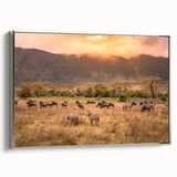 Landscape art painting of Tanzania on framed canvas, featuring a vintage poster style with colorful and black elements.