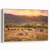Vintage poster art of Tanzania scenery on framed canvas, featuring vibrant colors, ideal for living room decor.