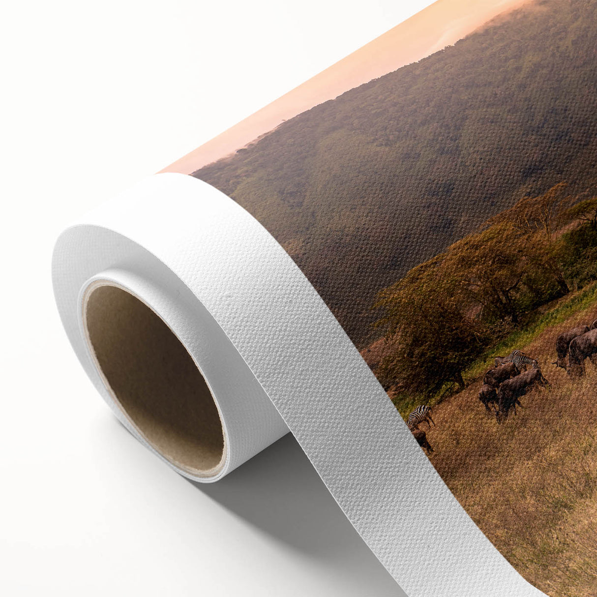 Art deco poster of a serene Tanzanian landscape in pastel shades on rolled canvas, suitable for nursery wall art.