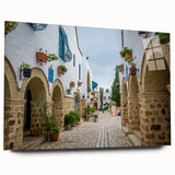 Large abstract wall art of Tunisia scenery in muted earth tones on acrylic glass, ideal for bedroom or dining room decor.