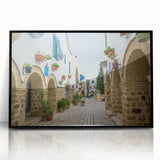 Large abstract wall art depicting a Tunisian landscape in mid-century modernist style.