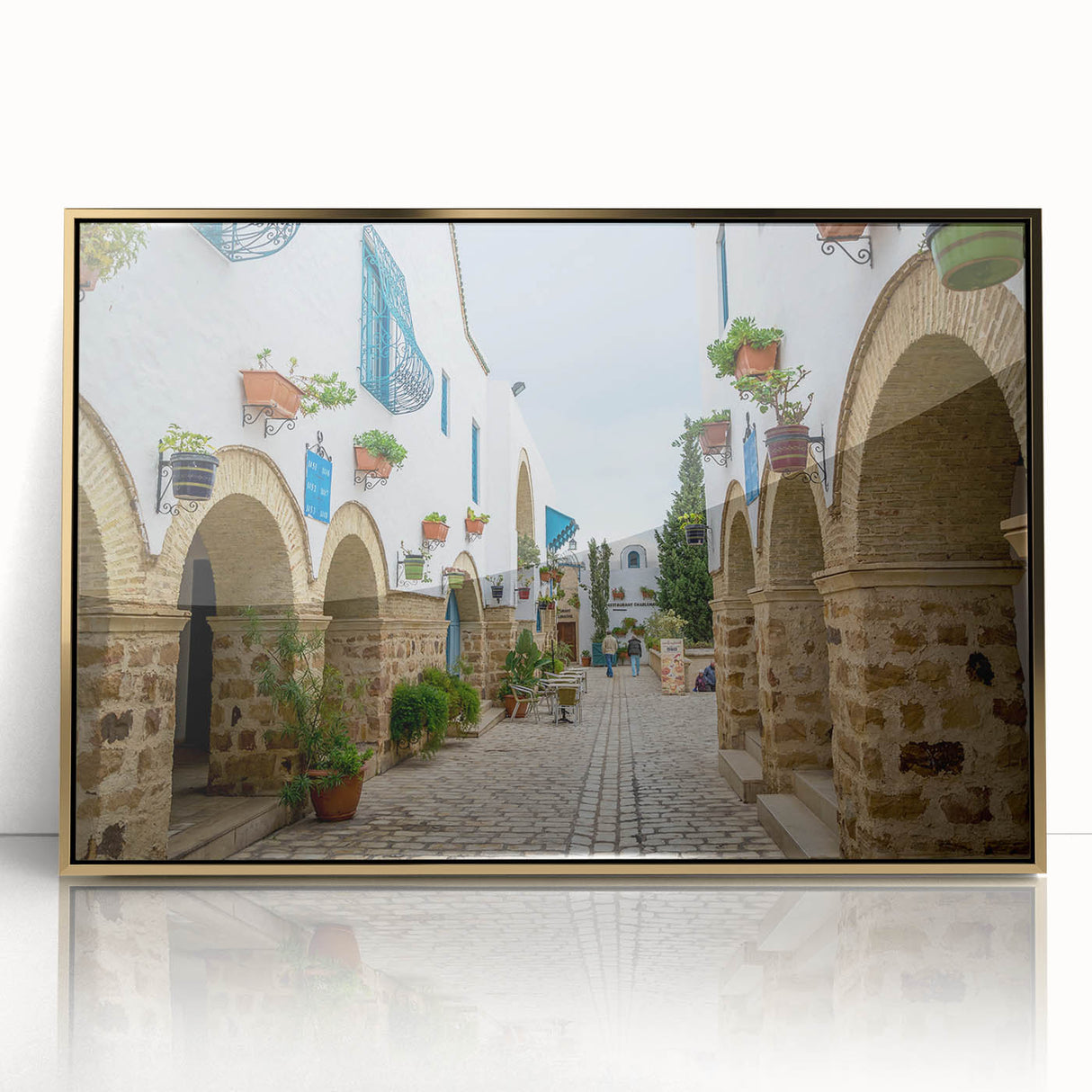 Large art print of a Tunisian landscape in muted earth tones on a framed acrylic, ideal for modern art wall decor.