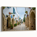 Framed canvas landscape painting of Tunisian scenery in gold and black tones, suitable for bedroom wall art.