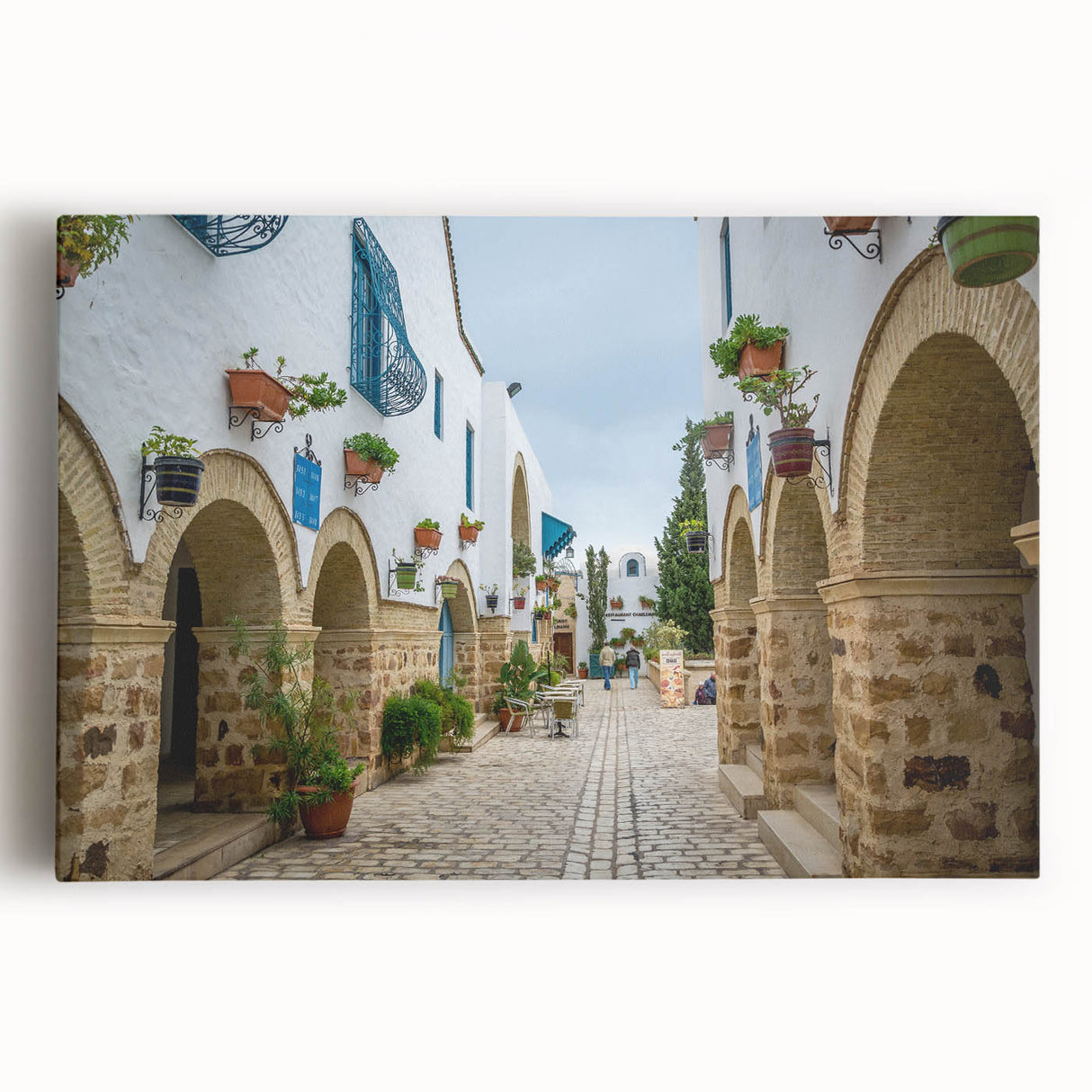 Black and white stretched canvas featuring a Tunisian landscape, ideal for kitchen wall art.