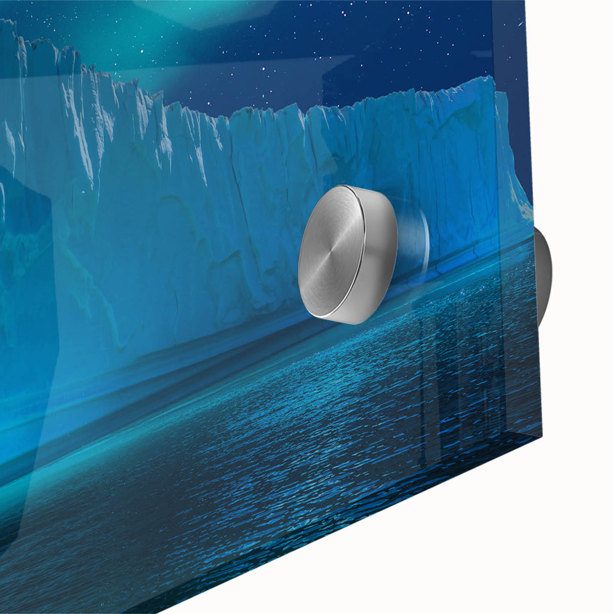 Large abstract wall art depicting an icy Antarctic landscape in muted blue and white tones on acrylic glass.