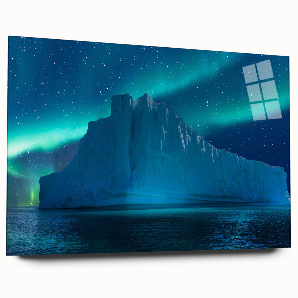 Large abstract depiction of Antarctica in blue and white tones on acrylic glass, suitable for bedroom or dining room decor.